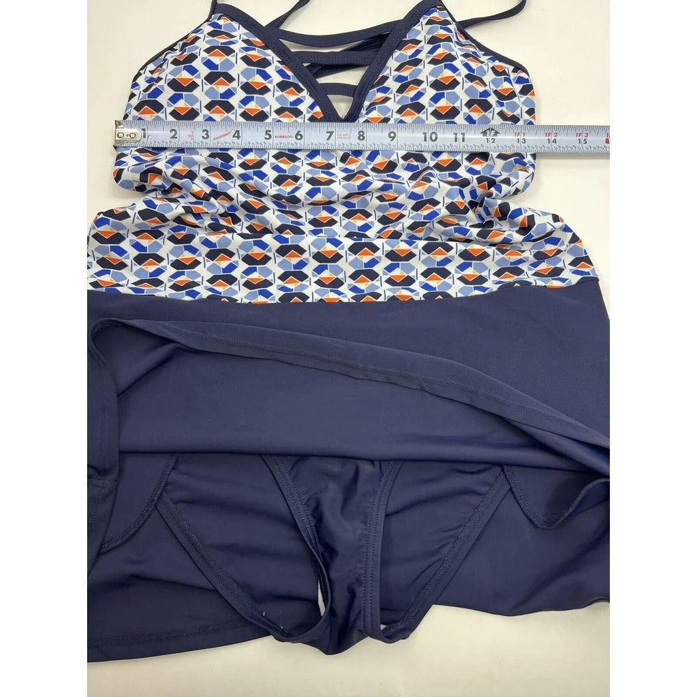 Nautica Swimsuit Dress One-Piece Women's Size M Blue Bottom Multi Top False Lace - Picture 5 of 6